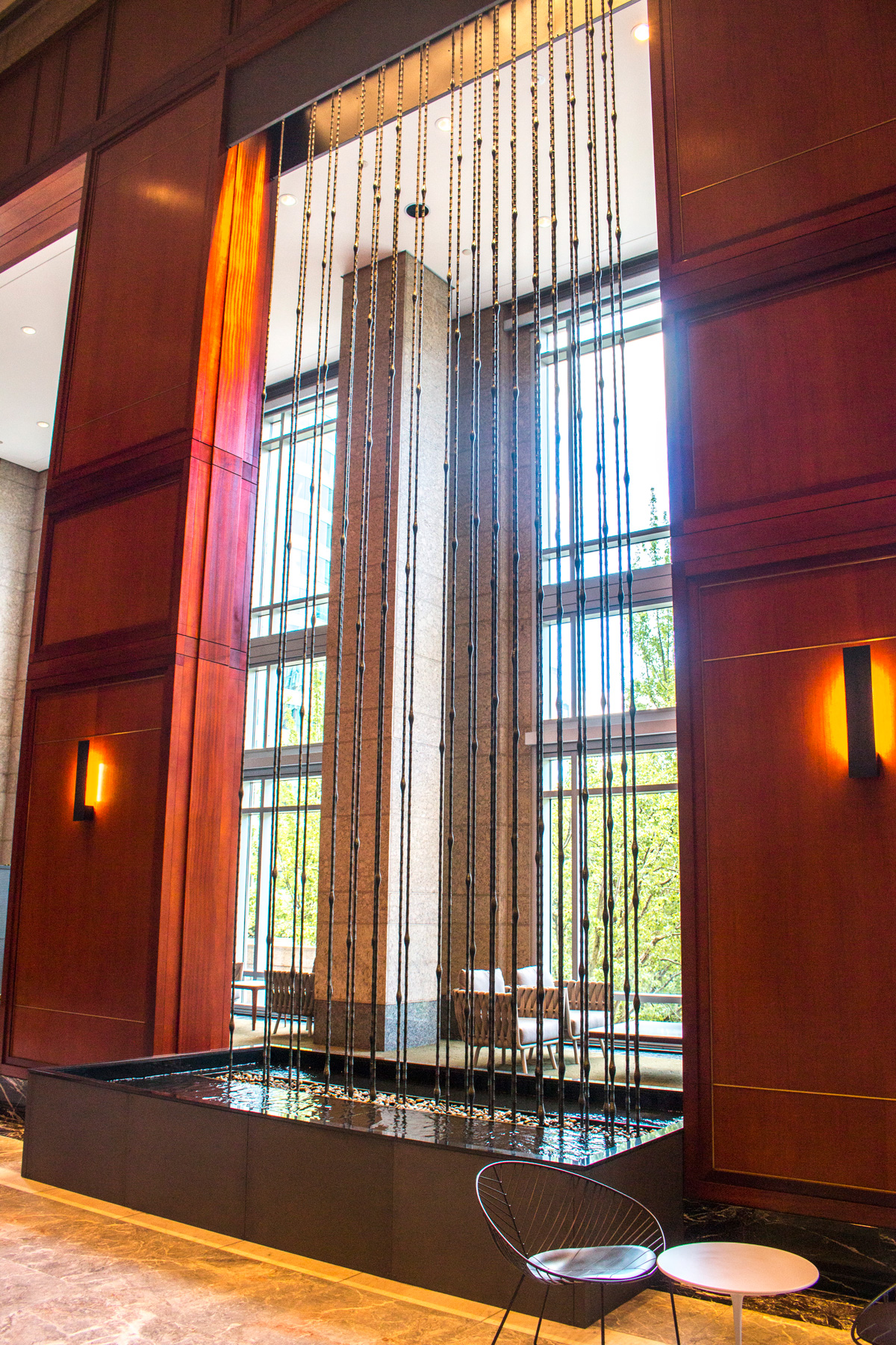 Atrium water feature and lounge area