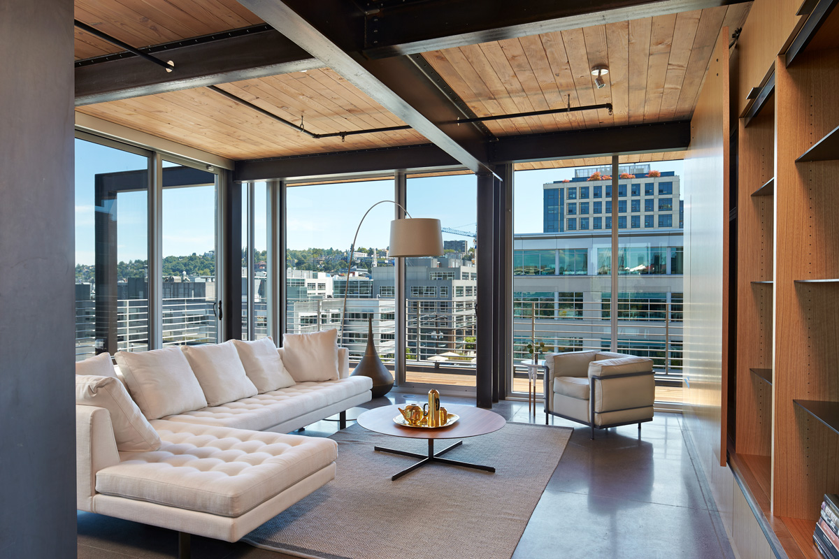 325 Weslake living room interior with Seattle view